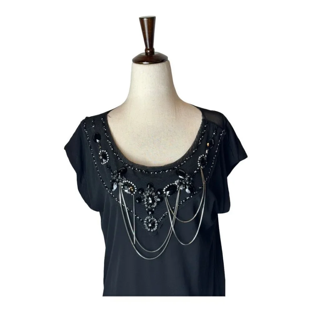 Alice + Olivia Black Beaded Jeweled Scoop‎ Neck Short Sleeve Mini Dress Size S